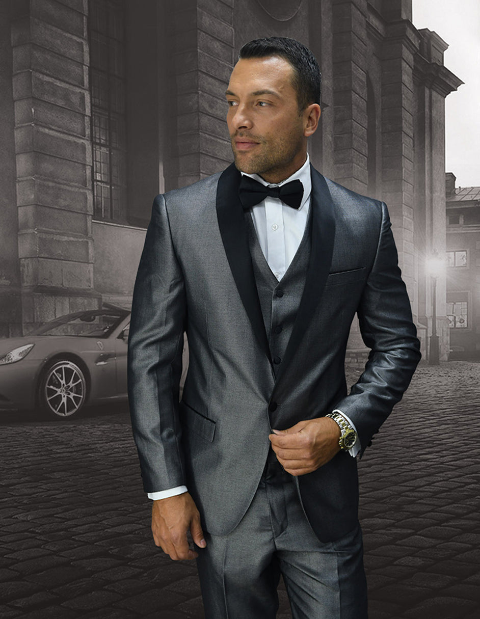 Mens One Button Shiny Vested Shawl Prom Tuxedo in Grey - 36 Regular