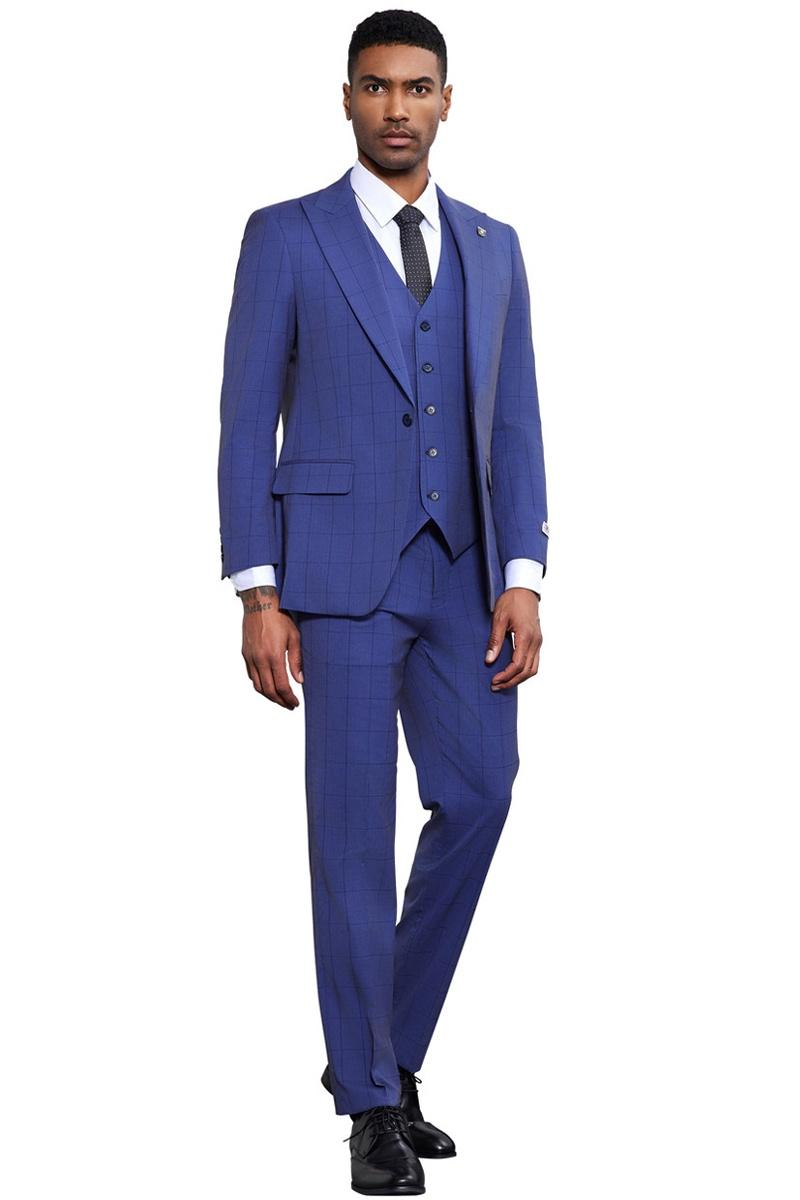 Men's Stacy Adams Modern Fit Vested Tonal Windowpane Plaid Suit in French Blue - 38 Regular