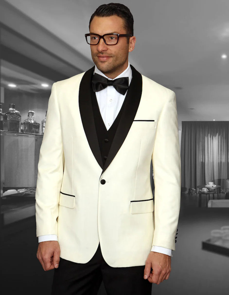 "Mens Wool Ivory Dinner Jacket Tuxedo Suit with Black Pants & Vest"