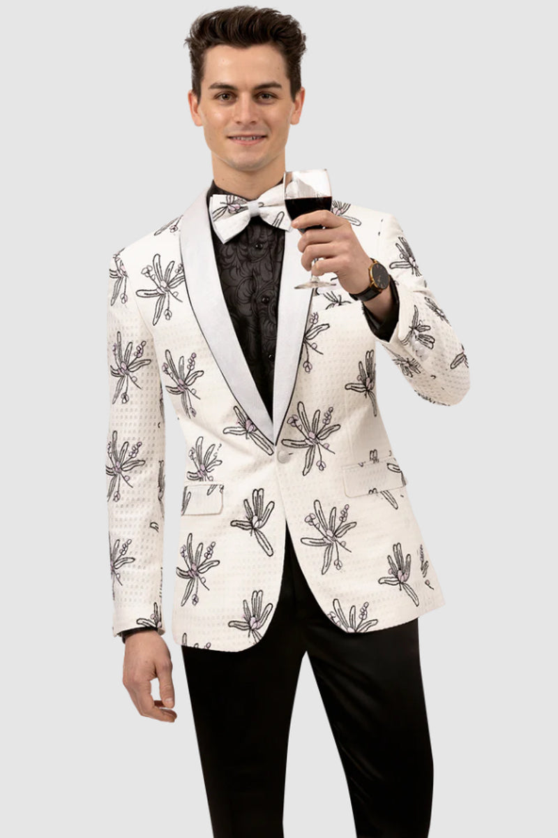 "White Prom Tuxedo Jacket - Men's One Button Stencil Design"