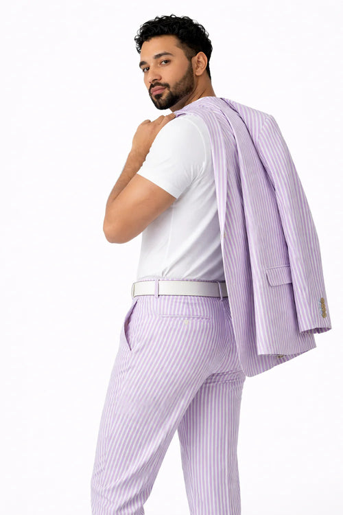 Mens Premium Cotton Seersucker Stripe Suit β Purple