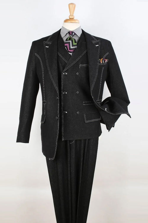 Apollo King "Black Denim Suit: Men's Double Breasted Vest with Two Button Peak Lapel"