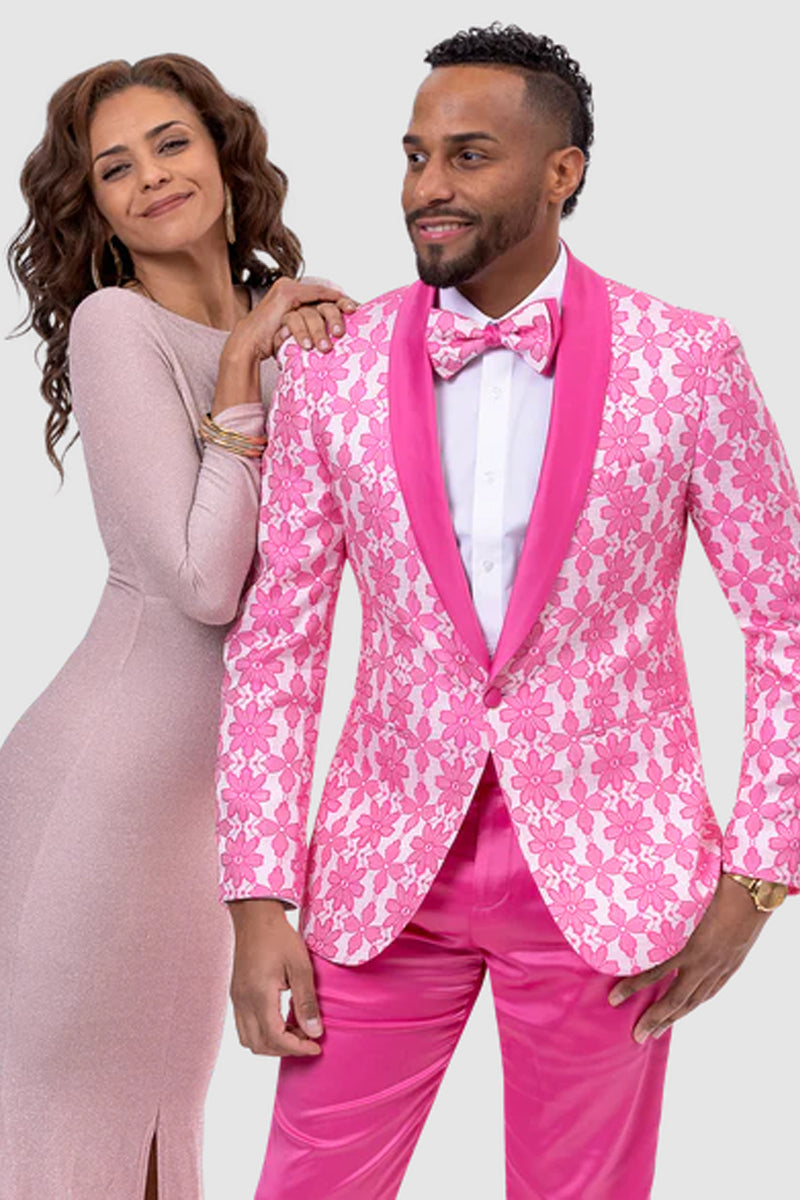 "Floral Lace Slim Fit Men's Tuxedo for Prom - Hot Pink Fuschia"