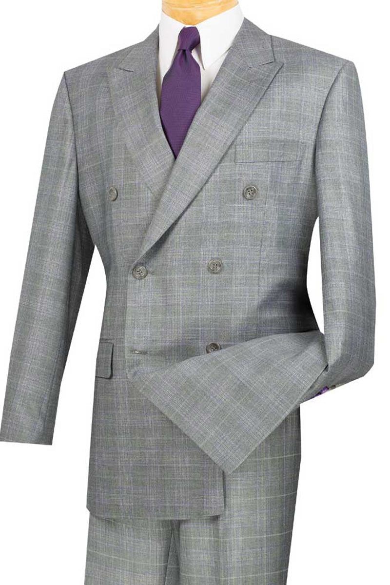 Mens Classic Wool Feel Double Breasted Glen Plaid Suit in Grey - 42 Short