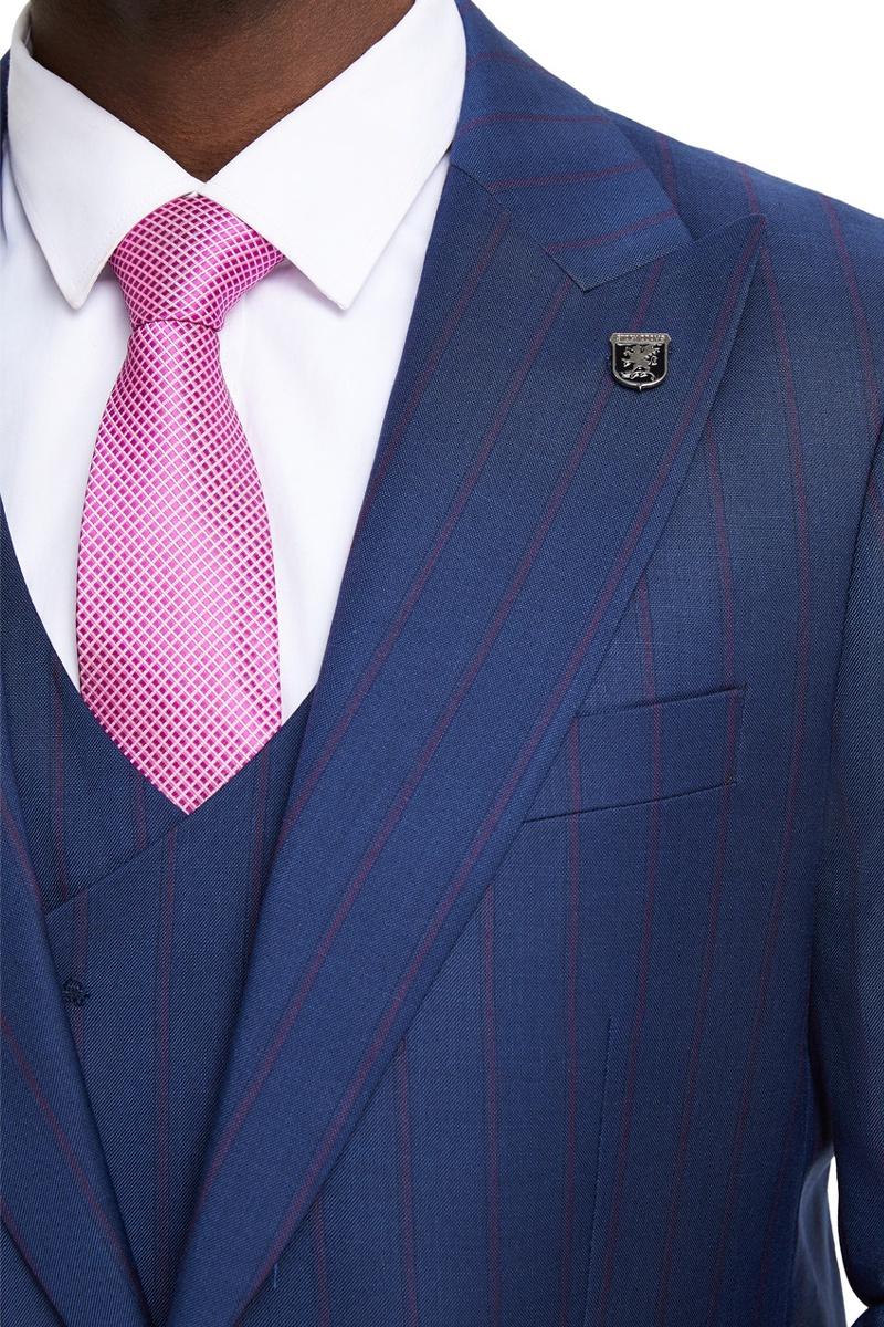 Men's Stacy Adams Vested One Button Side Peak Lapel Pinstripe Suit in Navy Blue - 38 Regular