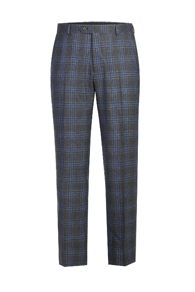 "Classic Fit Men's Wool Suit - Two Button Vested in Grey & Blue Windowpane Plaid"