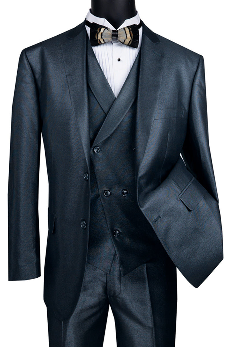 Mens 2 Button Sharkskin Suit with Double Breasted Vest in Blue - 36 Short