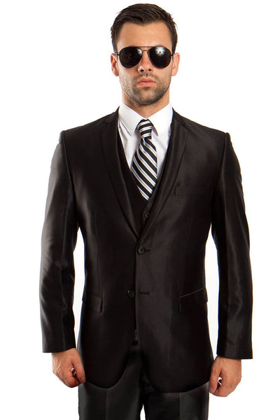 "Black Sharkskin Men's Wedding & Prom 2026 Suit - Two Button Vested Fashion"