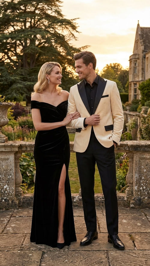 Mens Ivory Dinner Jacket - Cream Velvet Blazer with Black Satin Lapel | Wedding and Party Formal Sport Coat in off white
