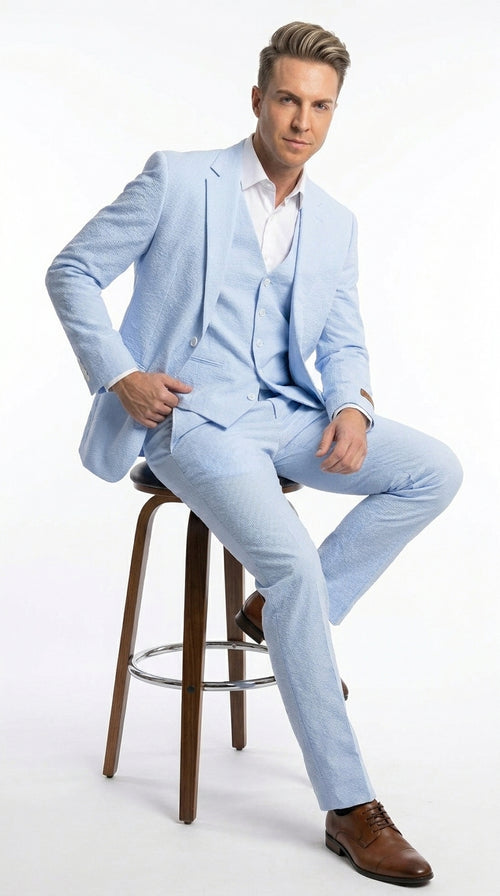 Men’s Blue Pinstripe Seersucker Suit with Jacket and Pants, Big and Tall Kentucky Derby Summer Suit