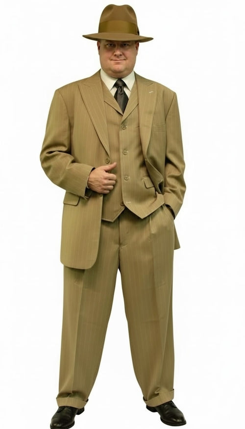 Mens Tan Pinstripe Zoot Suit 1920s Gangster Vintage 3-Piece Suit with Wide-Leg Pants