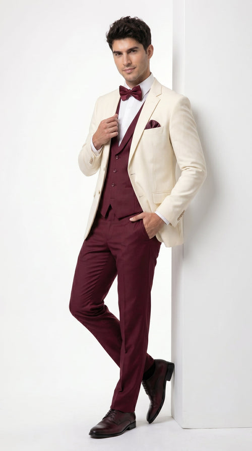 Men’s Cream Ivory and Burgundy 3 Piece Tuxedo Suit, Vested Formal Wedding Prom Dinner Suit in Cream Off White Color