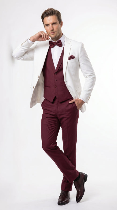 Men’s White and Burgundy 3 Piece Tuxedo Suit, Vested Formal Wedding Prom Dinner Suit Set bowtie included