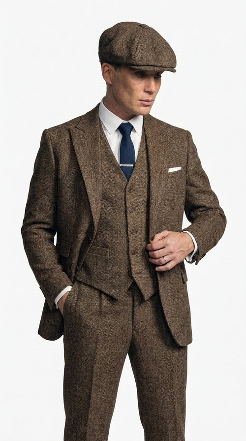 Men's Thomas Shelby Brown Tweed Herringbone 3-Piece Suit – Peaky Blinders 1920s Vintage-Style Suit with Matching Vest & Trousers