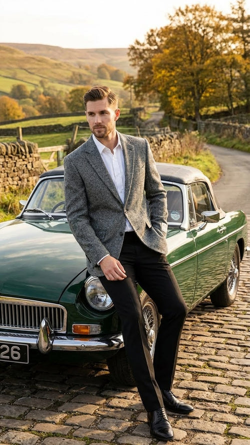 Mens Grey Harris Tweed Blazer Jacket, Classic Herringbone Wool Sport Coat for Business Casual