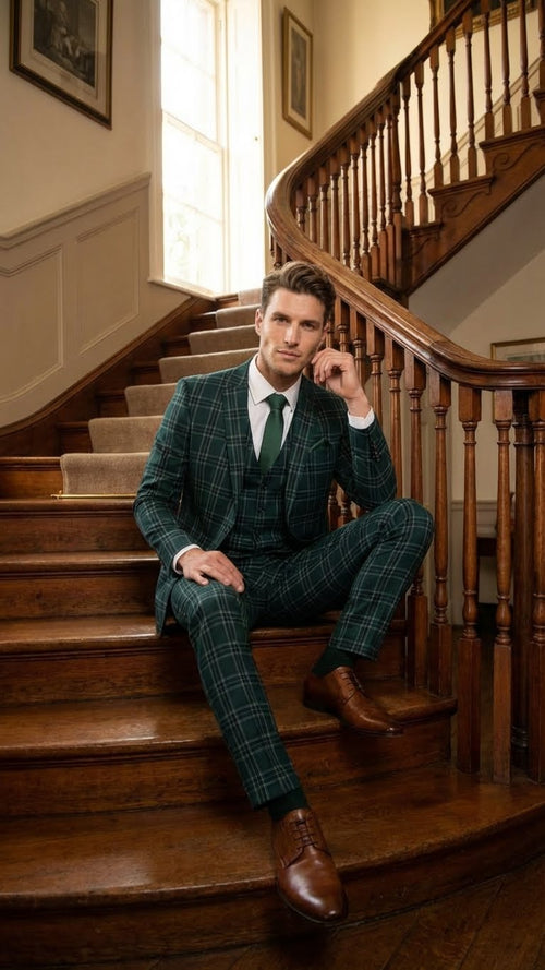Men's Dark Green Plaid 3 Piece Suit Checkered Suit Set for Wedding, Windowpane Tartan Fabric - Ultra Slim Fit