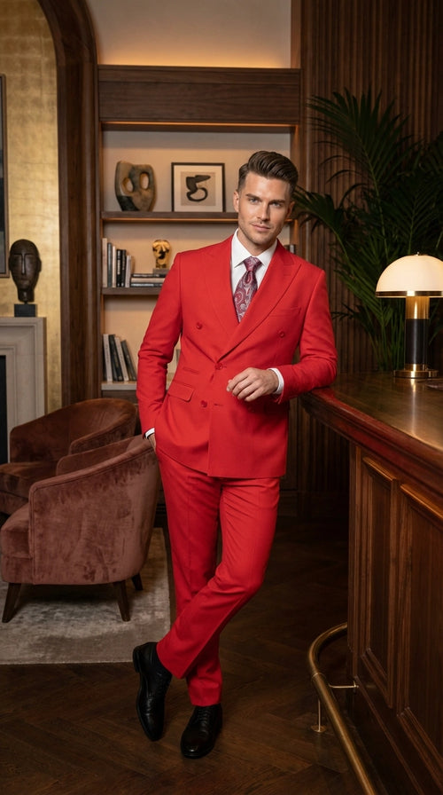 Vitali Red Double Breasted Suit Mens 2 Piece Formal Suit for Wedding, Prom and Special Events Modern Fit
