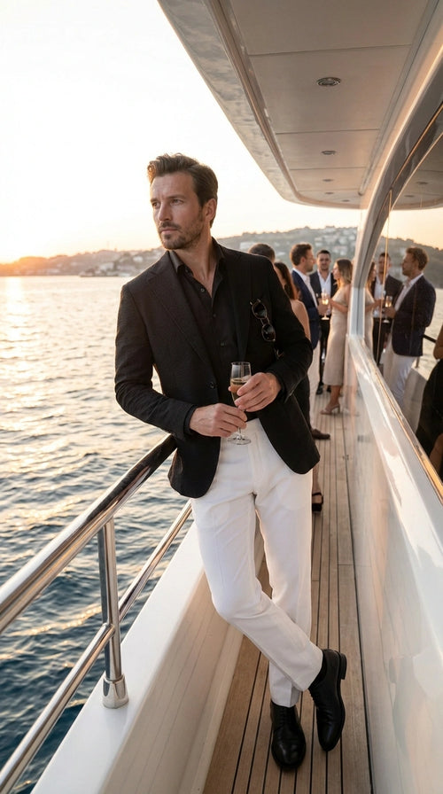 Mens Black Seersucker Blazer - Textured Two-Button Notch Lapel Formal & Summer Sport Jacket in Black Tone-on-Tone Cotton Fabric
