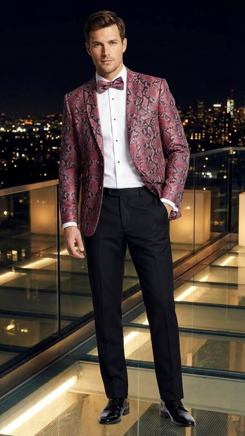 Mens Burgundy and Black Snakeskin Print Blazer Alligator Crocodile Sport Jacket Exotic Skin