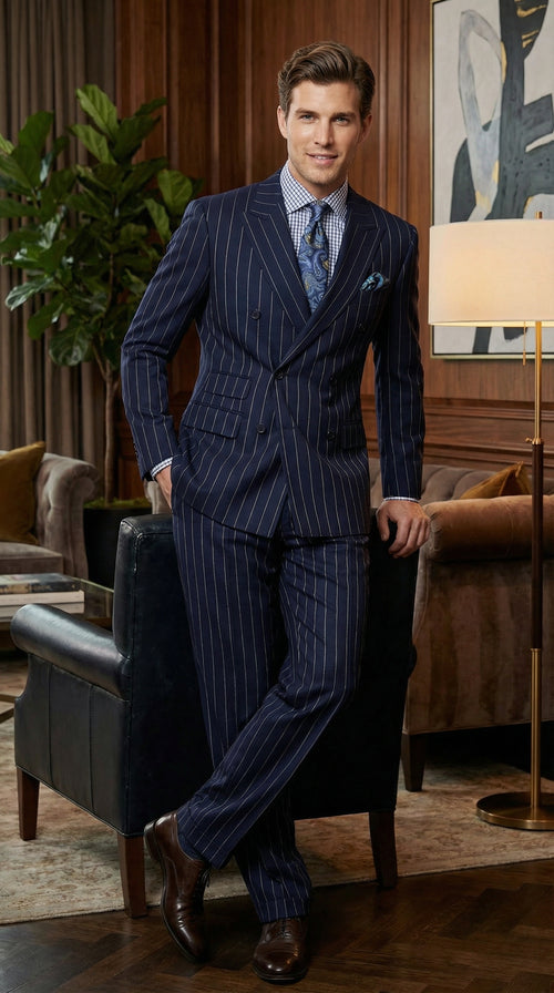 Men's Navy Blue Double Breasted Pinstripe Suit Modern Fit By rossiman