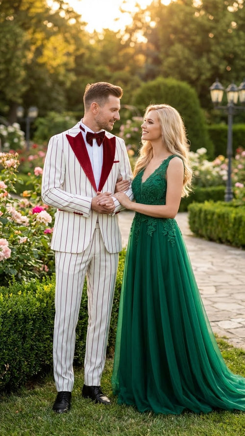 Mens White and Dark Red Pinstripe Tuxedo with Velvet Shawl Lapel Formal Dinner Blazer Prom Christmas New Year Holiday Suit