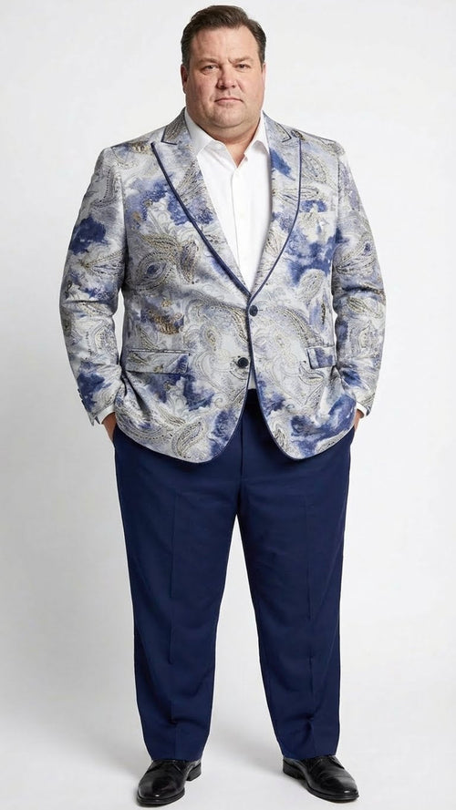 Mens Navy Blue and Gray Paisley Print Blazer Prom Jacket for Formal, Party, and Evening Wear