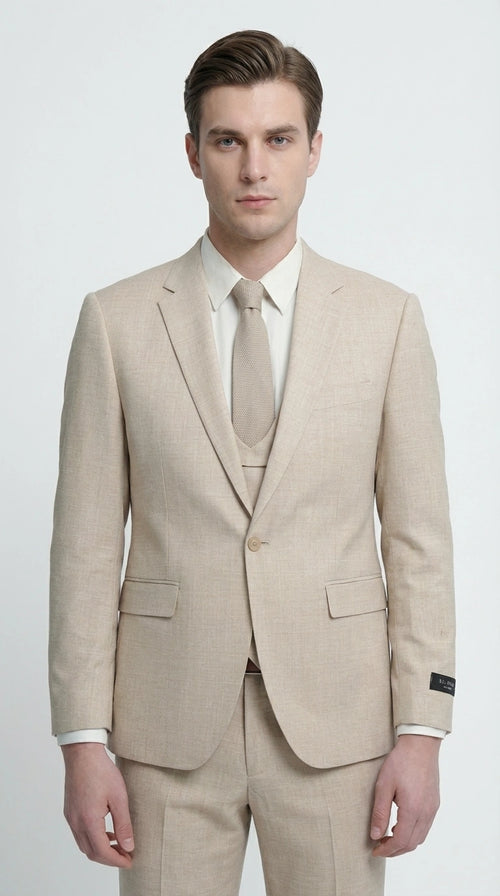Mens Sand Beige 3 Piece Suit – Double breasted Vest Formal Suit Set and Dress Pants in Champaign Natural Summer Color
