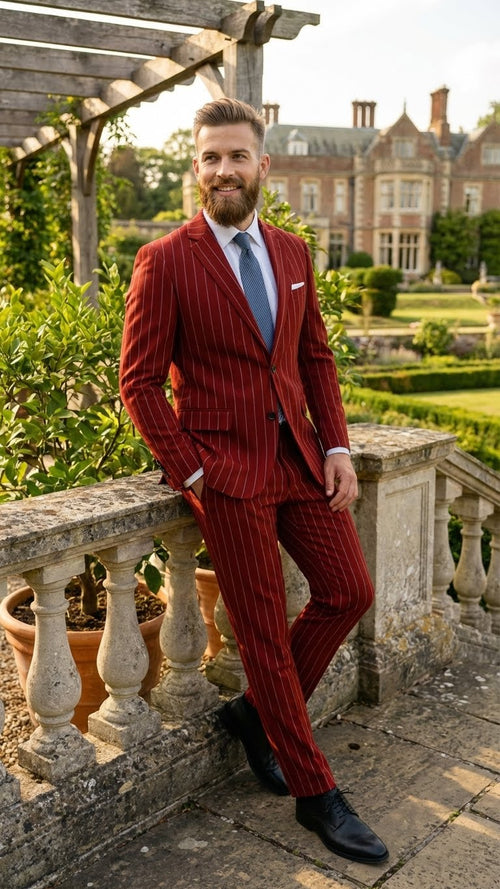 Mens Red Pinstripe Suit Stripe Two-Button Vested Suit 2 Buttons