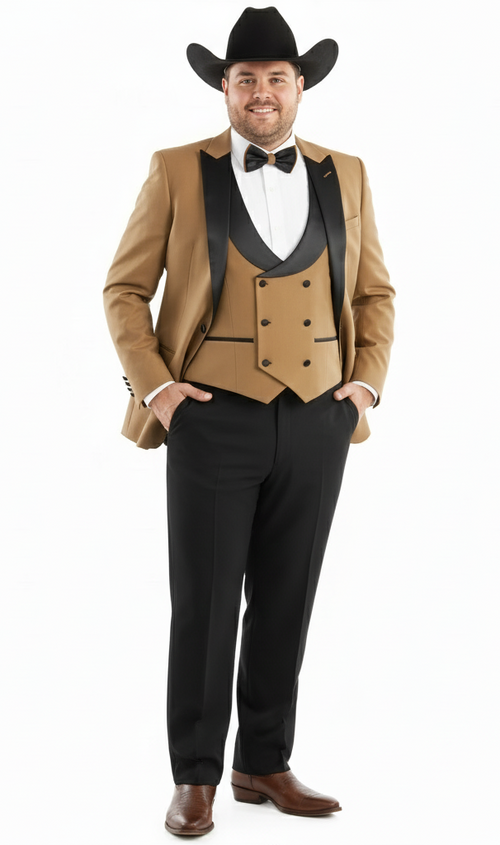 Mens Western Cowboy Tuxedo Tan and Black 3-Piece Suit with Satin Lapel and Vest in Mocca Coffee Color