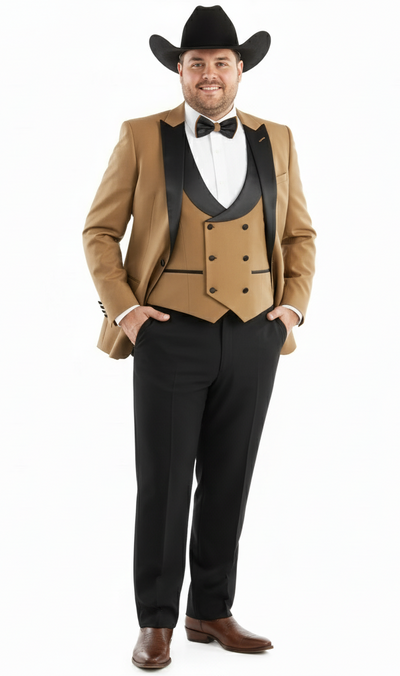 Mens Western Cowboy Tuxedo Tan and Black 3-Piece Suit with Satin Lapel and Vest in Mocca Coffee Color