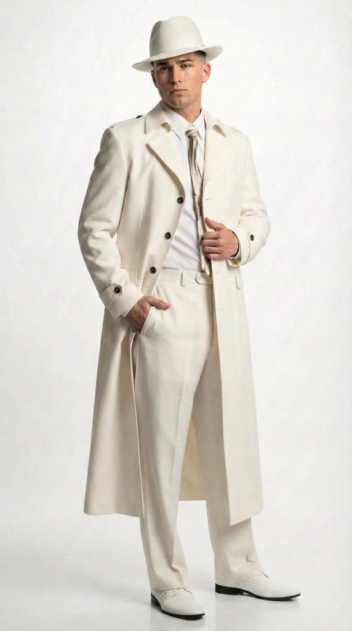 Men’s Ivory Cream Off White Full Length Zoot Suit – Vintage Gangster Style Long Coat Formal Suit