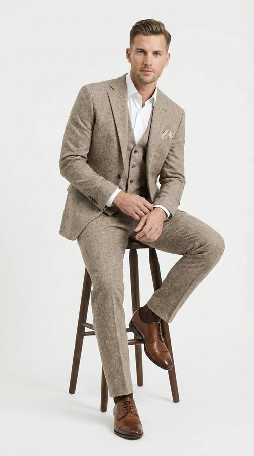 Men’s Light Beige Herringbone Tweed Suit with Vest – Classic Three Piece Formal Suit, Vintage Business Wedding Outfit, Elegant Smart Casual Wear