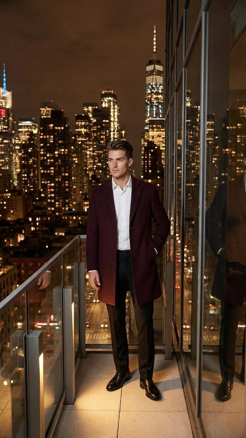 Mens Burgundy Mid-Length Overcoat Classic Fit Wool Blend Dress Coat Three Quarter Carcoat Topcoat