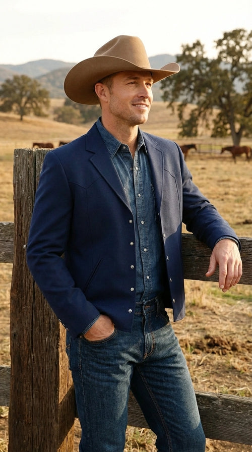 Mens Navy Blue Western Blazer Set Cowboy Style Jacket and Pants Outfit Classic Country Western Ensemble