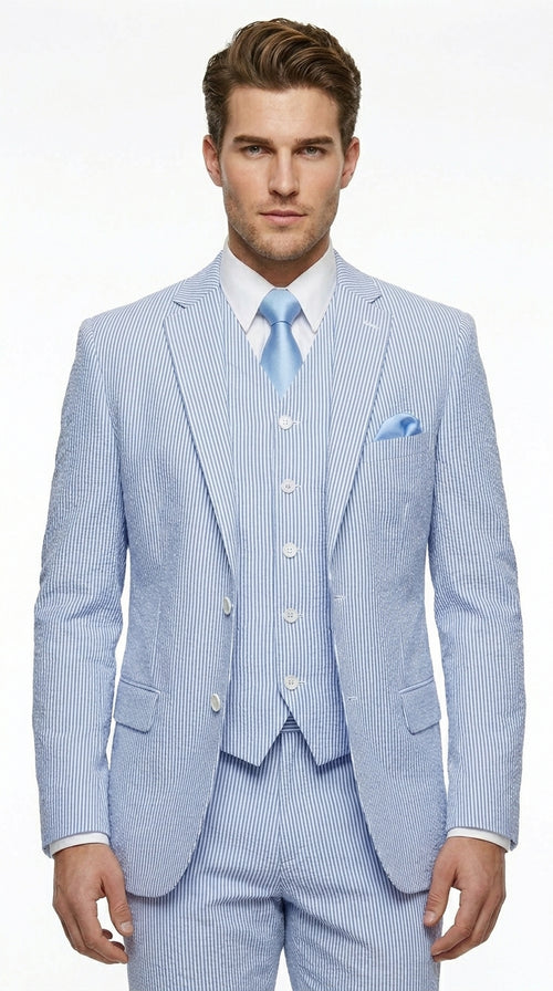 Cheap priced Suit - Mens 2 Button Jacket + Pants Summer Seersucker Blue Suit
