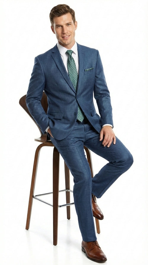 Men’s Indigo Blue Sharkskin Suit – Textured Shiny Formal Suit for Wedding, Business, 2 Buttons Slim Fitted