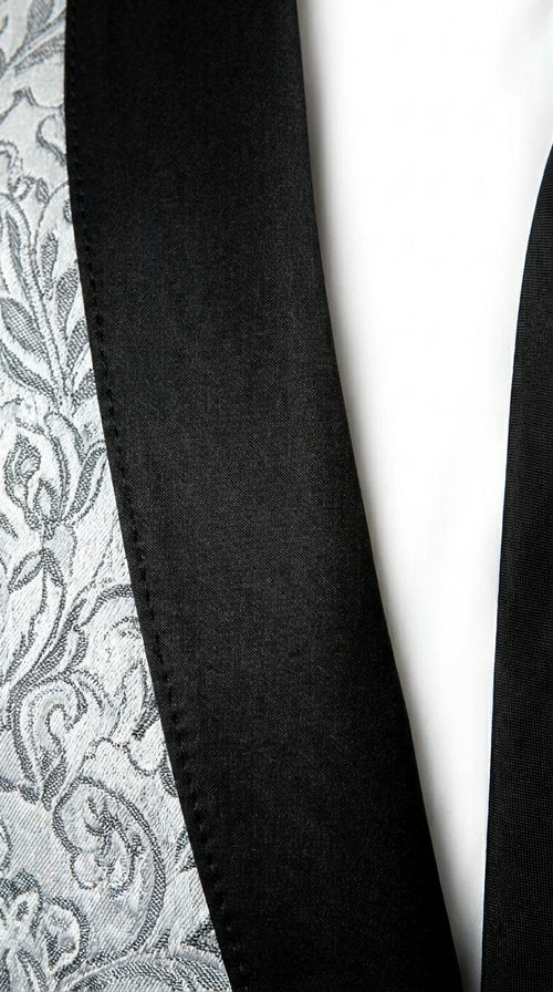 Men’s Silver and Black Floral Blazer – Elegant Formal Tuxedo Style Blazer Jacket for Wedding, Party, Prom and Evening Wear