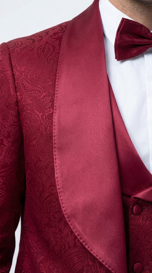 Mens Burgundy Wedding Tuxedo Suit β Paisley Three Piece Formal Suit Set with Shawl Lapel for Groom, Prom