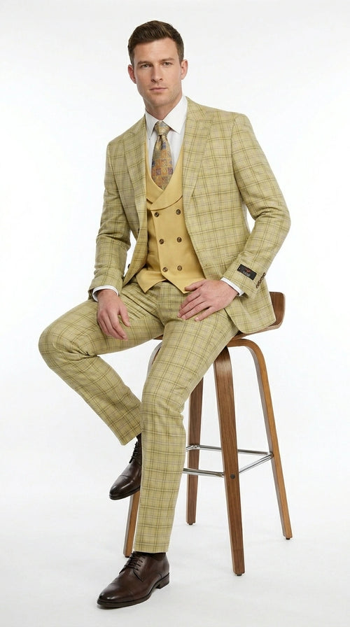 Vitali Men’s Sage Beige Tan Plaid 3 Piece Suit, Check Pattern Formal Dress Suit for Weddings, Prom, Business Events, Modern Fit Light Yellow Color