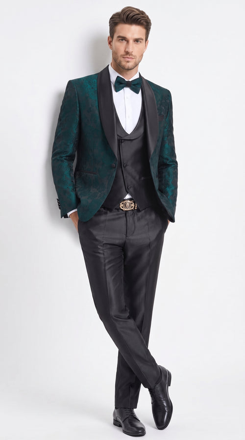 Tazzio Men’s Hunter Green & Black Paisley Tuxedo – Skinny Fit Shawl Collar 3-Piece Prom and Wedding Suit