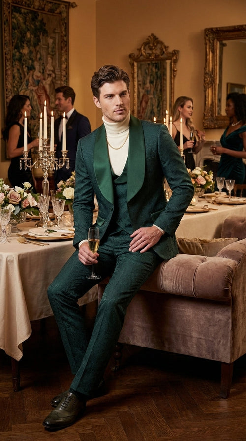 Mens Hunter Green Wedding Tuxedo Suit β Paisley Pattern Three Piece Formal Suit Set with Shawl Lapel for Groom, Prom in Emerald green