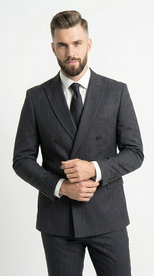 Men’s Black Pinstripe Double Breasted Suit – Classic Formal Business Suit Office and Evening Wear Modern Fit Conservative pattern