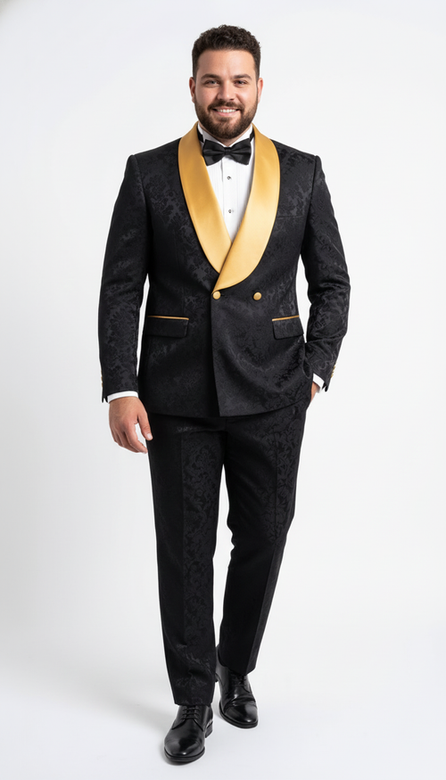 Mens Black and Gold Jacquard Tuxedo Suit Luxury Slim Fit Formal Wedding, Prom, and Gala Outfit