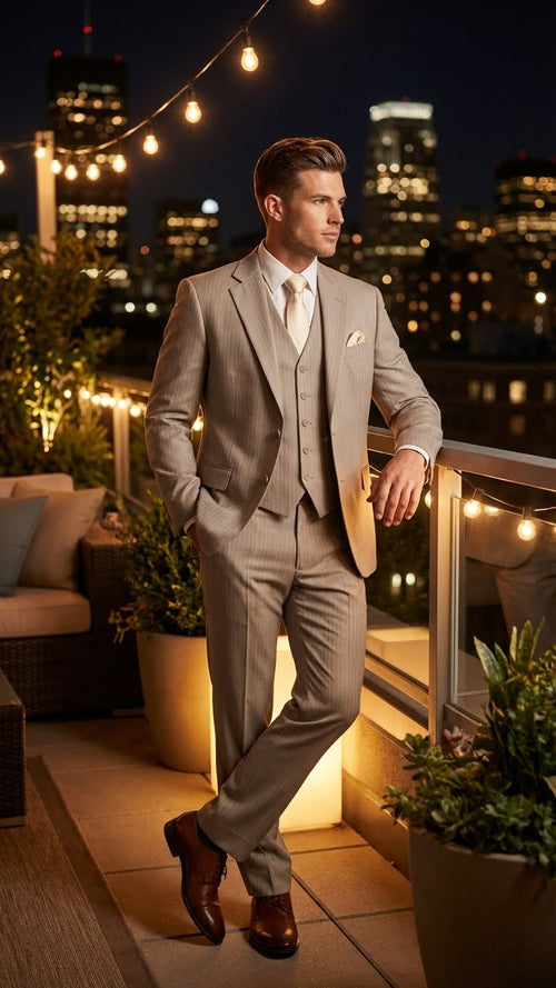 Mens Light Tan Pinstripe 3 Piece Suit with Jacket, Vest, and Pants | Shadow Stripe Tone Tone Pleated Pants Classic