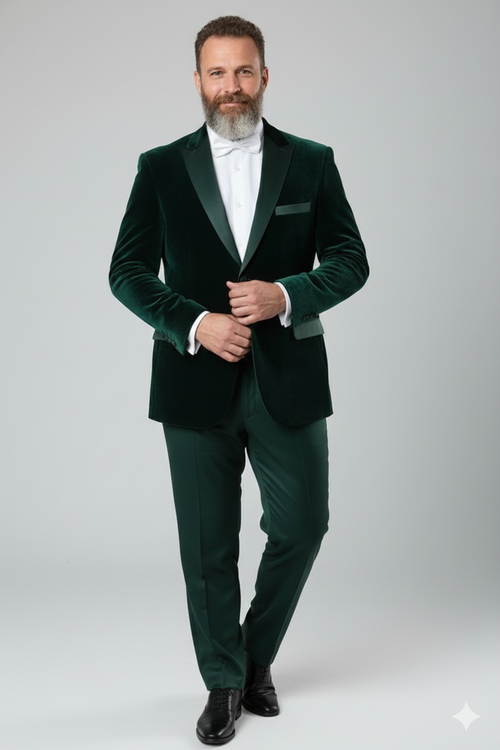 Mens Dark Green Velvet Tuxedo Dinner Jacket Slim Fit Formal Blazer with Satin Peak Lapel Lape