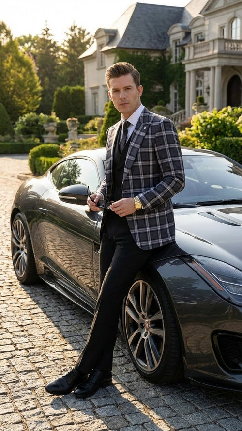 Mens Big and Tall Charcoal Gray and Black Plaid Blazer Grey Checker Windowpane Sport Coat