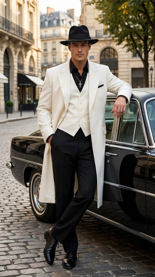 Mens White Long Zoot Suit Costume Set with Black Pants Wedding, Prom and Party Outfit 1920s - 1930s Gangster Style