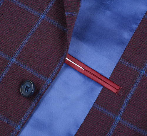 "Men's Slim Fit Two-Button Sport Coat Blazer - Burgundy & Blue Windowpane Plaid"