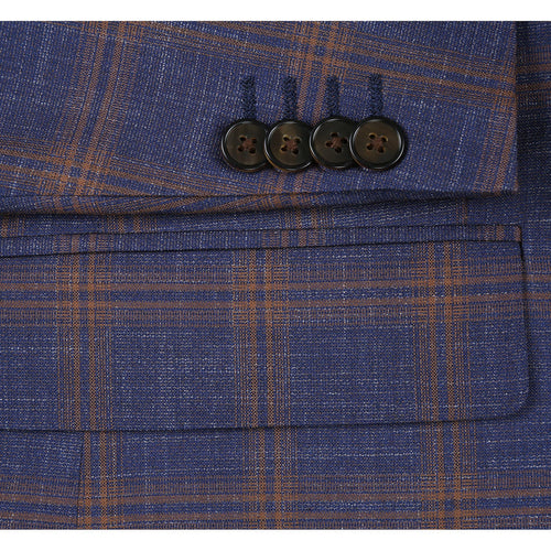 "Men's Slim Fit Navy Blue & Gold Windowpane Plaid Sport Coat Blazer"