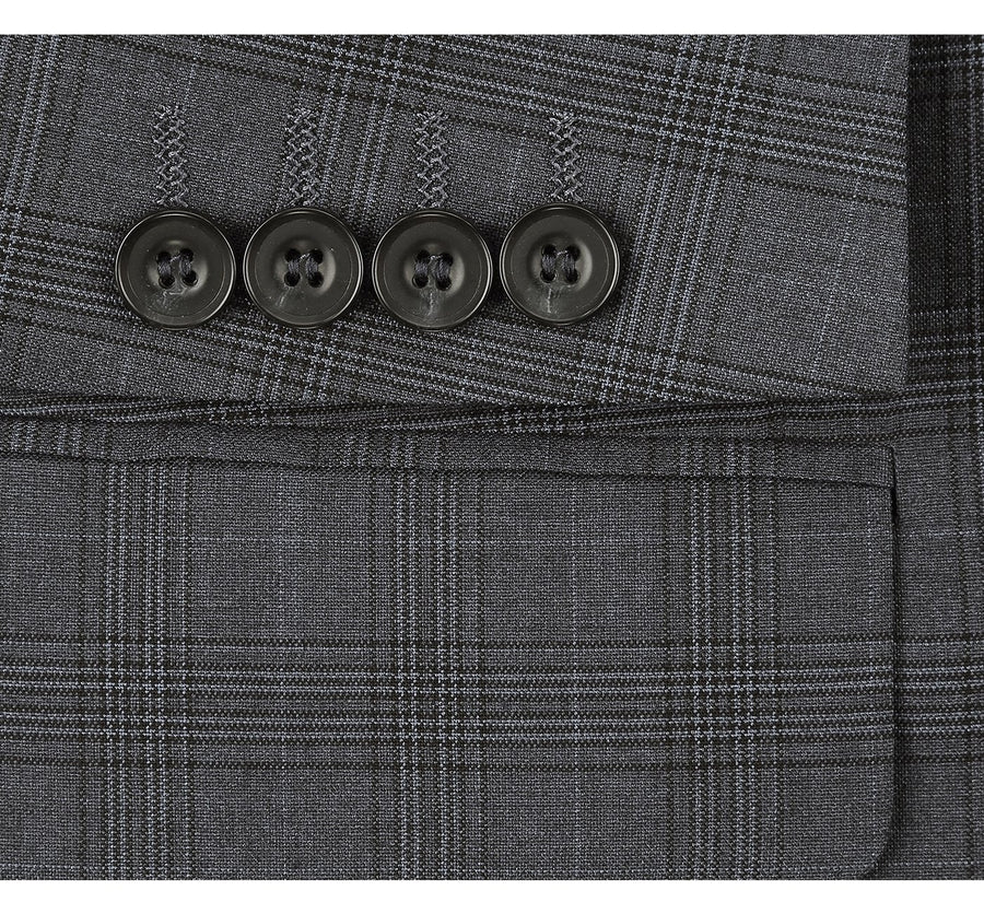 "Charcoal Grey Windowpane Plaid Men's Classic Fit Vested Suit - Two Button" - 34 Short